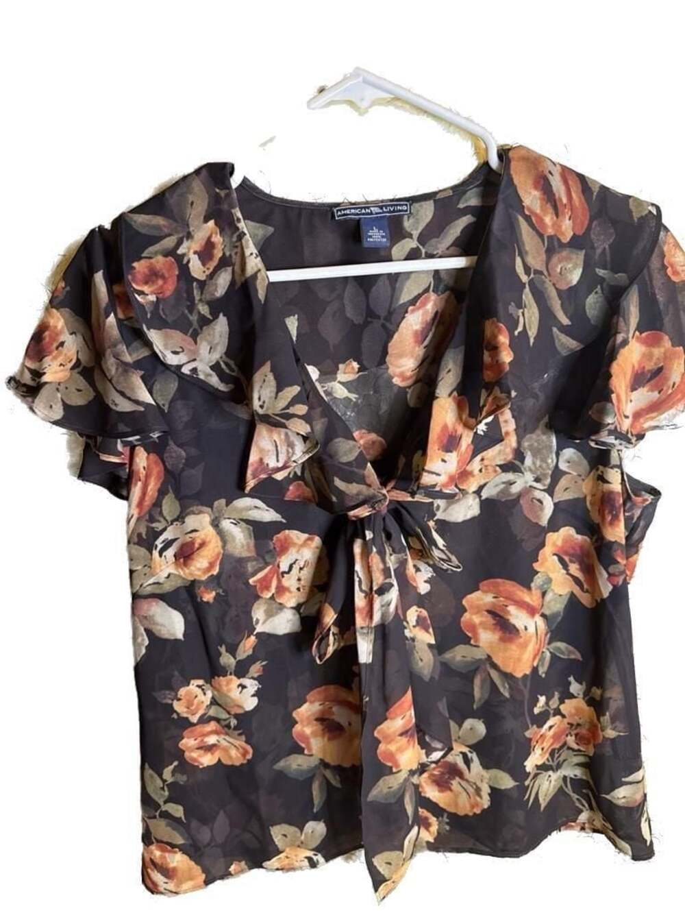 American Living Women's Sheer Floral V-Neck Ruffle Tie-Front Blouse Size L